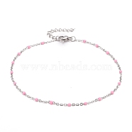 304 Stainless Steel Cable Chain Anklets, with Enamel and Lobster Claw Clasps, Stainless Steel Color, Pink, 230x2mm(AJEW-K030-01P-04)