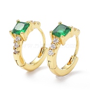 Brass Inlaid Cubic Zirconia Hoop Earrings, Real 18K Gold Plated, Square, Cadmium Free & Lead Free, Green, 15x13x5mm, Pin: 1mm(ZIRC-P090-16G-A)