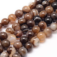 Natural Striped Agate/Banded Agate Bead Strands, Round, Dyed & Heated, Coffee, 8mm, Hole: 1mm, about 47~48pcs/strand, 14.5 inch(X-G-K155-A-8mm-14)