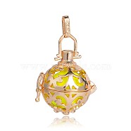 Golden Plated Brass Hollow Round Cage Pendants, with No Hole Spray Painted Brass Beads, Yellow, 34x25x20mm, Hole: 3x8mm(KK-J246-08G)