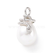 Shell Pearl Pendants, with Brass Findings, Cadmium Free & Lead Free, Long-Lasting Plated, Teardrop with Snake Charm, Platinum, 25x14x16mm, Hole: 4x3mm(KK-C004-09P)