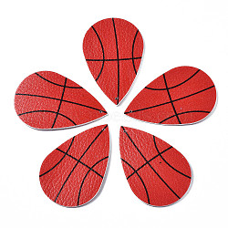 PU Leather Big Pendants, Teardrop with Basketball Pattern, Red, 55x36x2mm, Hole: 1mm(FIND-T020-019)