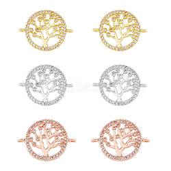 6Pcs 3 Colors Brass Clear Micro Pave Cubic Zirconia Links, Flat Round with Tree of Life, Mixed Color, 15x20x3mm, Hole: 1mm, 2pcs/color(ZIRC-HY0001-04)