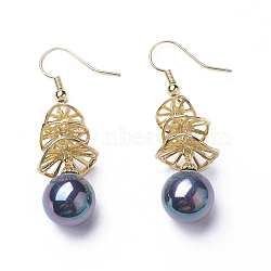Synthetic Shell Pearl Dangle Earrings, with Brass Findings, Round, Prussian Blue, 49mm, Pin: 0.5mm(EJEW-P179-03G-03)