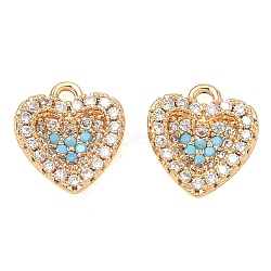 Brass Micro Pave Sky Blue Cubic Zirconia Charms, Heart Charms, Real 18K Gold Plated, 11x9.5x3.5mm, Hole: 1.2mm(CU-CBAB0CF-14G)