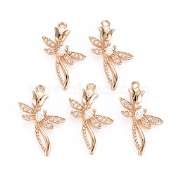 Rack Plating Brass Micro Pave Clear Cubic Zirconia Pendants, with Faceted Glass, Long-Lasting Plated, Cadmium Free & Lead Free, Dragonfly with Flower, Clear, 25.5x15.5x4mm, Hole: 1.5mm(KK-T060-66B-RS)