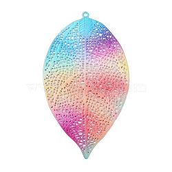 Iron Pendants, Etched Metal Embellishments, Rainbow Color, Leaf, 61x33x0.8mm, Hole: 2mm(IFIN-Z002-01RC-05)