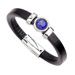 Natural Lapis Lazuli Flat Round Link Bracelet with Imitetion Leather Cords and Metal Magnetic Clasps, 9-1/4 inch(23.5cm)(PW-WG93132-05)