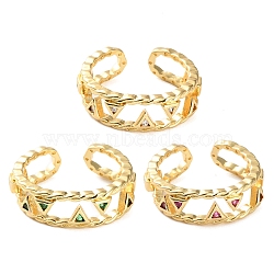 Rack Plating Brass Micro Pave Cubic Zirconia Open Cuff Rings for Women, Lead Free & Cadmium Free, Long-Lasting Plated, Real 18K Gold Plated, Triangle, Mixed Color, Adjustable, 7mm(RJEW-U026-05G-01)