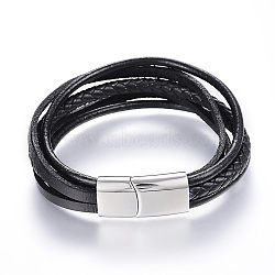 Leather Cord Multi-strand Bracelets, with 304 Stainless Steel Magnetic Clasps, Black, 8-1/4 inch(215mm)x11x6.5mm(X-BJEW-K141-10)