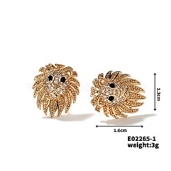 Shiny Lion Head Stud Earrings Fashionable Rhinestone Ear Jewelry, Golden, 16x13mm(SI6328-1)