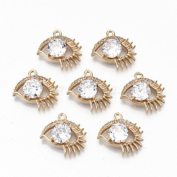 Brass Glass Rhinestone Pendants, with Micro Pave Clear Cubic Zirconia, Long-Lasting Plated, Cadmium Free & Lead Free, Eye, Light Gold, Clear, 13x16.5x5mm, Hole: 1.4mm(GLAA-S179-31-RS)