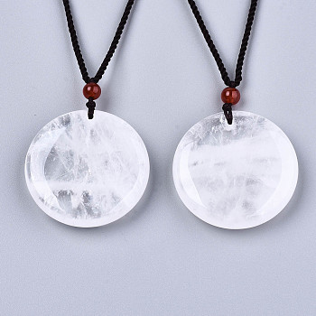 Natural Quartz Crystal Pendant Necklaces, Slider Necklaces, with Random Color Polyester Cords, Flat Round, 26~29.9 inch(66~76cm)