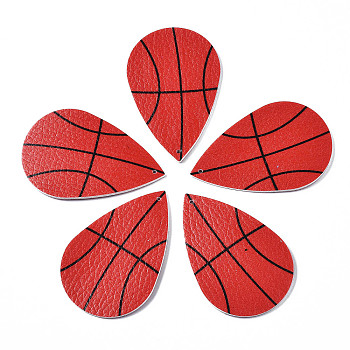 PU Leather Big Pendants, Teardrop with Basketball Pattern, Red, 55x36x2mm, Hole: 1mm