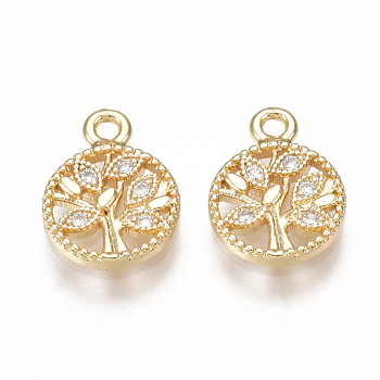 Brass Cubic Zirconia Charms, Flat Round with Tree, Clear, Nickel Free, Real 18K Gold Plated, 11.5x8.5x1.5mm, Hole: 1.4mm