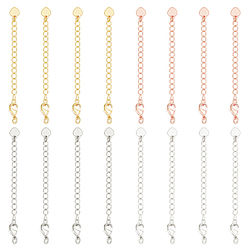 16Pcs 4 Colors Brass Curb Chain Extenders, End Chains with Heart Chain Tab and Lobster Claw Clasp, Mixed Color, 67mm, 4pcs/color