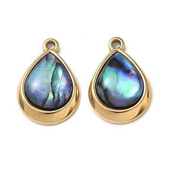 Natural Paua Shell Pendants, 304 Stainless Steel Teardrop Charms, Real 18K Gold Plated, Ion Plating(IP), Colorful, 19x13x4.5~5mm, Hole: 1.2~1.6mm