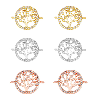 6Pcs 3 Colors Brass Clear Micro Pave Cubic Zirconia Links, Flat Round with Tree of Life, Mixed Color, 15x20x3mm, Hole: 1mm, 2pcs/color