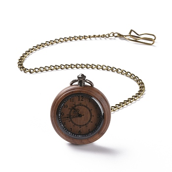 Ebony Wood Pocket Watch with Brass Curb Chain and Clips, Flat Round Electronic Watch for Men, Coconut Brown, 16-3/8~17-1/8 inch(41.7~43.5cm)