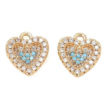 Brass Micro Pave Sky Blue Cubic Zirconia Charms, Heart Charms, Real 18K Gold Plated, 11x9.5x3.5mm, Hole: 1.2mm