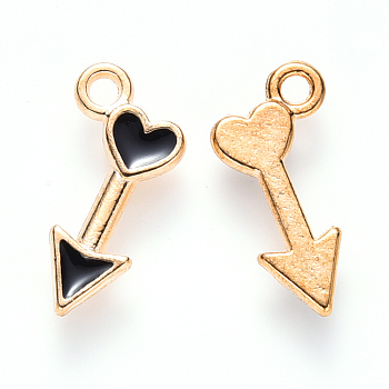 Alloy Enamel Charms, Arrow,with Heart, Light Gold, Black, 15x8x1.5mm, Hole: 1.6mm