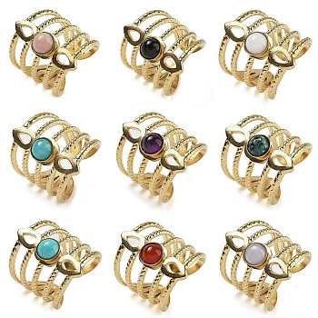 Natural & Synthetic Gemstone Finger Rings, Teardrop 304 Stainless Steel Multi-layer Open Cuff Rings, Real 18K Gold Plated, 24mm, Adjustable