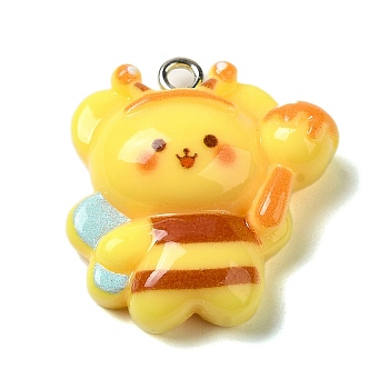 Bee Theme Opaque Resin Pendants, with Platinum Tone Iron Loops, Yellow, Bees, 24x22x8.5mm, Hole: 2mm
