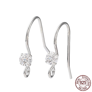 Rhodium Plated 925 Sterling Silver with Clear Cubic Zirconia Earring Hooks, Flat Round, Real Platinum Plated, 16x3mm, Hole: 1.5mm, Pin: 0.7mm
