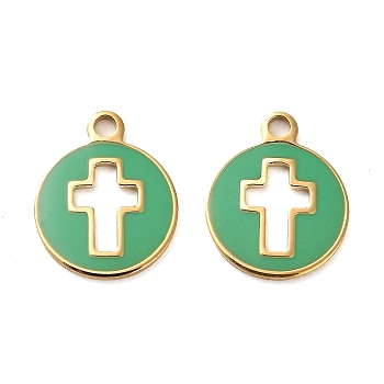 304 Stainless Steel Charms, with Enamel, Flat Round with Cross Charms, Real 14K Gold Plated, 14.5x12x1mm, Hole: 1.6mm