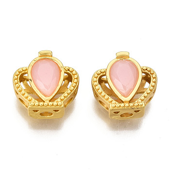 8-Hole Brass Beads, with Resin Beads, Hollow, Crown, Matte Gold Color, Pink, 10.5x12x6mm, Hole: 2mm
