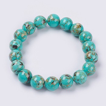 Natural Sea Shell and Synthetic Turquoise Assembled Beaded Stretch Bracelet, Round, Dark Turquoise, Beads: 6mm, 2 inch(5cm)