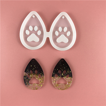DIY Pendant Silicone Molds, Resin Casting Molds, Clay Craft Mold Tools, Teardrop with Dog Paw Prints, White, 42x61x4mm, Hole: 1mm, Inner Diameter: 36x23mm