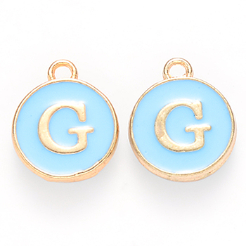 Golden Plated Alloy Enamel Charms, Cadmium Free & Lead Free, Enamelled Sequins, Flat Round with Letter, Sky Blue, Letter.G, 14x12x2mm, Hole: 1.5mm