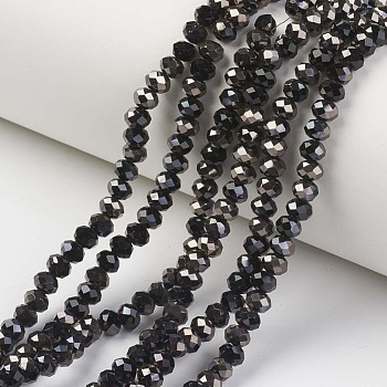 Electroplate Opaque Glass Beads Strands, Half Black Plated, Faceted, Rondelle, Black, 3x2mm, Hole: 0.8mm, about 165~169pcs/strand, 15~16 inch(38~40cm)