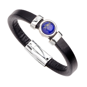 Natural Lapis Lazuli Flat Round Link Bracelet with Imitetion Leather Cords and Metal Magnetic Clasps, 9-1/4 inch(23.5cm)