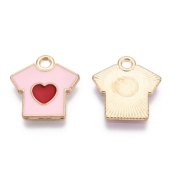 Alloy Enamel Pendants, T-Shirt with Heart Pattern, Light Gold, Pink, 16x16x1mm, Hole: 2mm