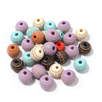 Spray Painted Wood Beads, for DIY Craft, Jewelry Making, Round with Engraved Pattern, Mixed Color, Floral Pattern, 10mm, Hole: 3mm
