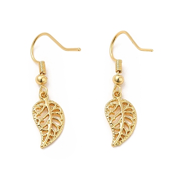 Brass Leaf Dangle Earrings, Long-Lasting Plated, Rack Plating Brass Jewelry for Women, Golden, 33mm, Pin: 1mm, Leaf: 16.5x9x1mm