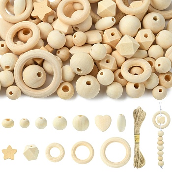 110Pcs 12 Styles Unfinished Wood Beads, Natural Wooden Beads, with 1 Bundle Jute Cord, Mixed Shapes, 20x10mm, Hole: 3mm