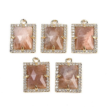 Natural Sunstone Faceted Rectangle Pendants, Rack Plating Brass Micro Pave Cubic Zirconia Charms, Golden, 15.5x11.5x4.5mm, Hole: 1.4mm