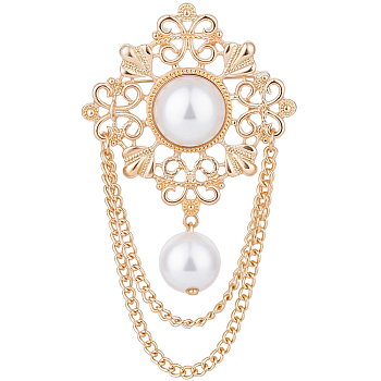1Pc Flower ABS Plastic Imitation Pearl Brooches, Alloy Tassel Chain Brooch, Hollow, White, 82x47.5mm