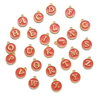 Initial Letter A~Z Alphabet Enamel Charms, Flat Round Disc Double Sided Charms, Hot Pink, 14x12x2mm, Hole: 1.5mm, 26pcs/set