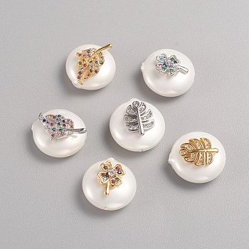 Shell Pearl Beads, with Brass Micro Pave Cubic Zirconia, Flat Round with Mixed Shape, Mixed Color, 15x9~10mm, Hole: 1.2mm