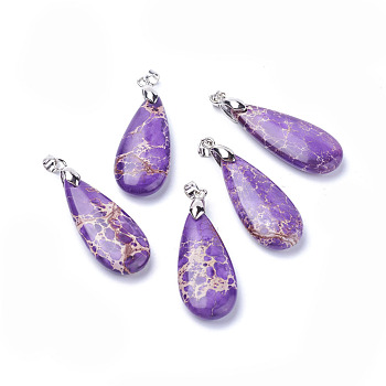 Natural Regalite/Imperial Jasper/Sea Sediment Jasper Pendants, Dyed, with Platinum Tone Brass Findings, teardrop, Purple, 35~35.5x15~15.5x6.5~7.2mm, Hole: 4x4.2mm