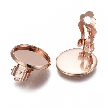 304 Stainless Steel Clip-on Earring Setting, Flat Round, Rose Gold, Tray: 14mm, 16x8mm