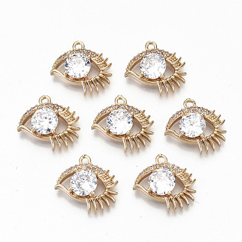 Brass Glass Rhinestone Pendants, with Micro Pave Clear Cubic Zirconia, Long-Lasting Plated, Cadmium Free & Lead Free, Eye, Light Gold, Clear, 13x16.5x5mm, Hole: 1.4mm