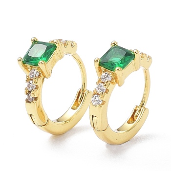 Brass Inlaid Cubic Zirconia Hoop Earrings, Real 18K Gold Plated, Square, Cadmium Free & Lead Free, Green, 15x13x5mm, Pin: 1mm
