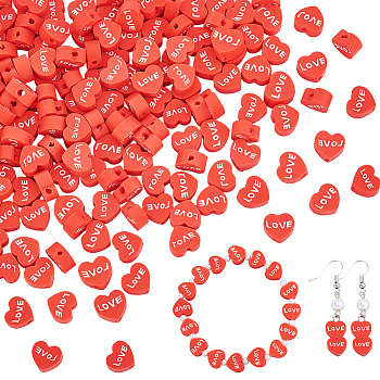 2 Bags Handmade Polymer Clay Spacer Beads, Heart with LOVE Word, Red, 8x9x4mm, Hole: 1.8mm