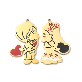 304 Stainless Steel Pendants, Girl & Boy, with Enamel, Ion Plating(IP), Split Pendants, Real 18K Gold Plated, 24.5x15~15.5x1mm, Hole: 1.2mm