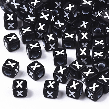 Opaque Acrylic Beads, Horizontal Hole, Alphabet Style, Cube, Black & White, Letter.X, 5x5x5mm, Hole: 2mm, about 3650pcs/365g